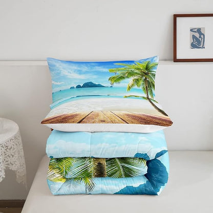 Beach Comforter Set Queen Size Ocean Bedding Set Tropical Palm Tree Hawaii Ocean Duvet Set Sunny Beach Coastal Nature Theme Duvet Set Sea Wave Mountain Brown Wooden Comforter Set 2 Pillowcases, Blue