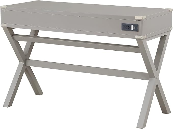 OSP Home Furnishings Wellington 46-Inch Writing Desk with Power Hub and 3 Storage Drawers, Grey