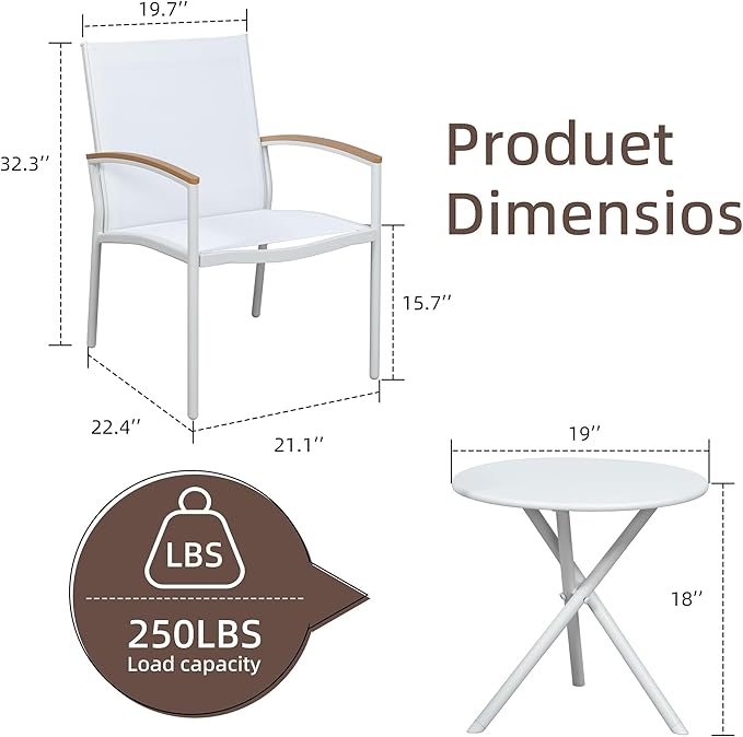 Shintenchi 3 Pieces Outdoor Patio Bistro Sets, Textilene Fabric Small Patio Furniture Set, Front Porch Chairs Conversation Set with Table for Lawn, Garden, Balcony, Poolside (White)