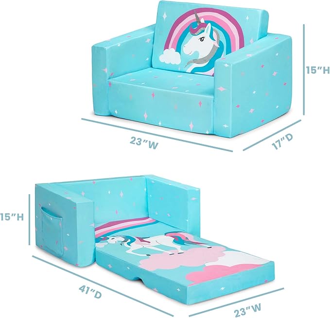 Delta Children Cozee 2-in-1 Convertible Sofa to Lounger For Bedroom - Lightweight,Portable Comfy Flip Open Couch/Sleeper for Kids, Blue Unicorn