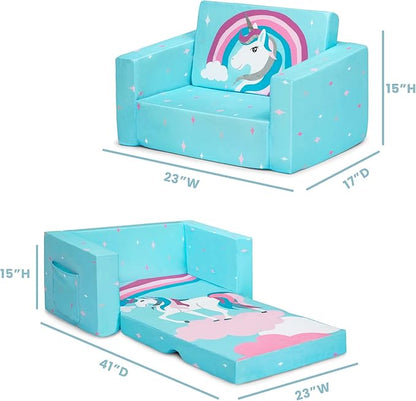 Delta Children Cozee 2-in-1 Convertible Sofa to Lounger For Bedroom - Lightweight,Portable Comfy Flip Open Couch/Sleeper for Kids, Blue Unicorn