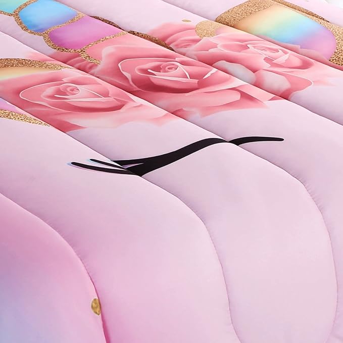 Unicorn Comforter Set Rainbow Soft Girls Unicorn Bedding with 1 Comforter 2 Pillowcases Pink Flower Unicorn Bedding Sets for Teens Girls Queen Size