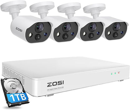 ZOSI C303 Spotlight Home Security Camera System with Audio,8CH 3K Lite DVR with 1TB SSD Hard Drive,4pcs H.265+ 1080p Outdoor CCTV Cameras,Night Vision,Person Vehicle Detection,for 24/7 Recording
