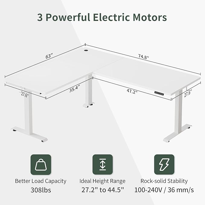 FEZIBO 75 Inches, Supports over 300mlbs,L Shaped Standing Desk Reversible, Electric Height Adjustable Corner Stand up Desk, Sit Stand Desk Computer Workstation, White Frame/White Top