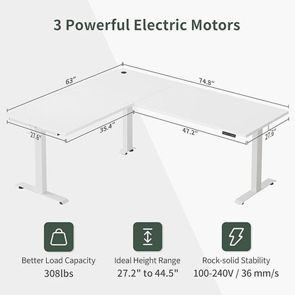 FEZIBO 75 Inches, Supports over 300mlbs,L Shaped Standing Desk Reversible, Electric Height Adjustable Corner Stand up Desk, Sit Stand Desk Computer Workstation, White Frame/White Top