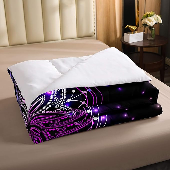 Erosebridal Dream Catcher Feather Comforter Set, Bohemian Mandala Down Comforter King Size for Kids Girls Boys, Starry Sky Galaxy Bedding Set Boho Tie Dye Exotic Flower Quilted Duvet, Purple