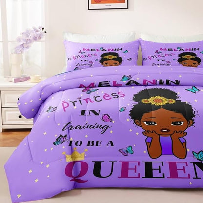 Black Girl Comforter Set Queen for Kids,Black Girl Magic Bedding Set,African American Girl Inspirational Quotes Comforter Set,Black Princess Bed Bedroom Set