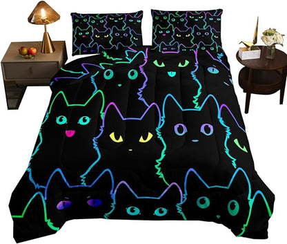 Erosebridal Full Size Bedding Set for Girls Cartoon Cat Comforter Set,Gradient Line Cute Cat Bed Sets for Kids Boys Girls Women Room Decor,Lovely Animal Kitten Print Comforter Soft,Rainbow Black