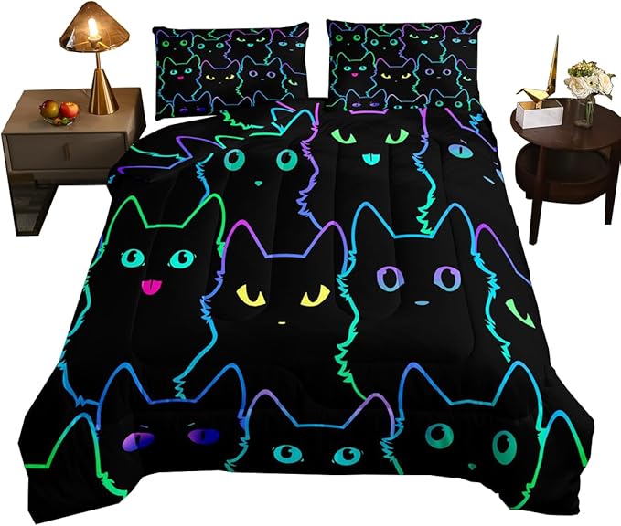 Erosebridal Kids Bedding Cartoon Cat Comforter Set Twin Size,Gradient Line Cute Cat Bedding Set for Teens Boys Girls Adults Room Decor,Lovely Animal Kitten Print Comforter All Season,Rainbow Black