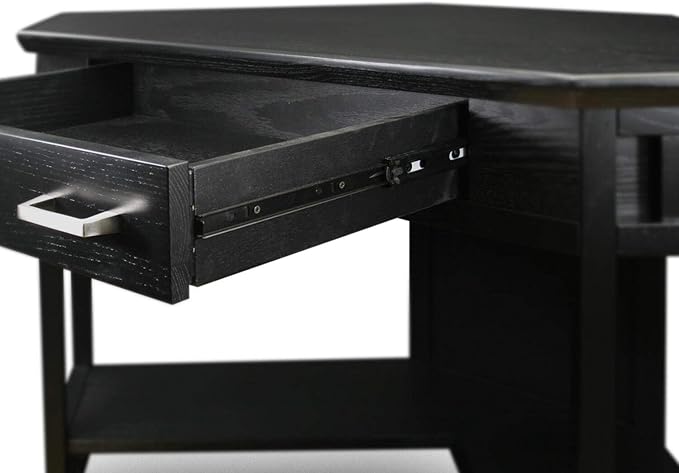 Leick Home 83430 Corner Computer/Writing Desk with Center Keyboard Drawer and Shelf, Black Oak