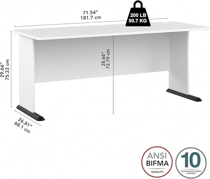 Bush Business Furniture Studio A 72W Computer Desk in White, 6 Foot Gaming and Work Table for Home or Professional Office