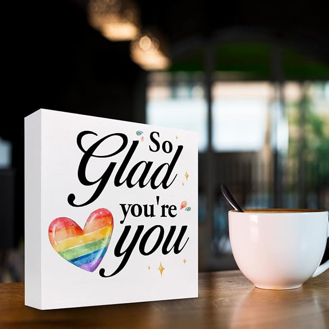 So Glad You're You Rainbow Heart Wood Box Sign Decor Desk Sign,Inspirational Affirmation Wooden Box Block Sign for Home Office Shelf Table Decor Decorations