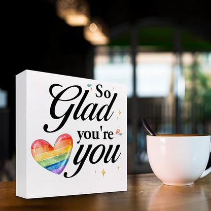So Glad You're You Rainbow Heart Wood Box Sign Decor Desk Sign,Inspirational Affirmation Wooden Box Block Sign for Home Office Shelf Table Decor Decorations