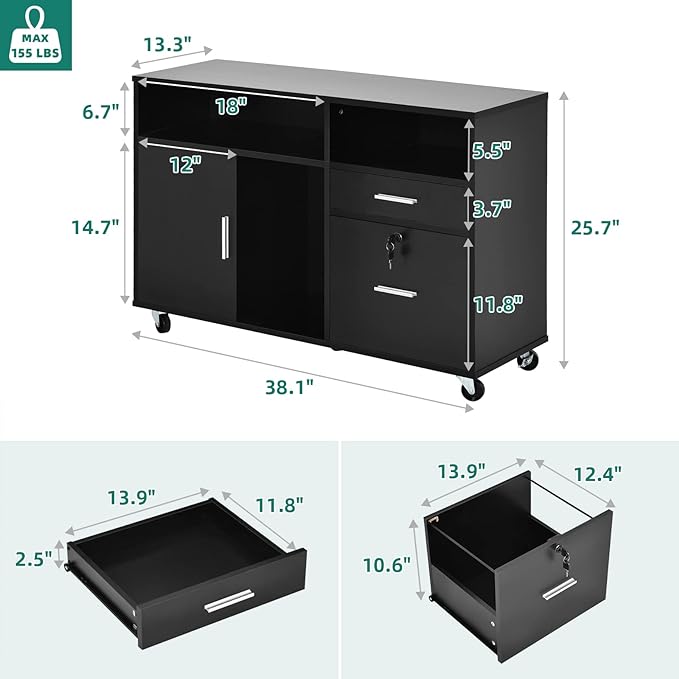 YITAHOME Wood Lateral File Cabinet, 2 Drawer Mobile Storage Cabinet, Fits A4, Letter Size Files, Printer Stand with Open Storage Shelves, Modern Filing Cabinet for Home Office, Black
