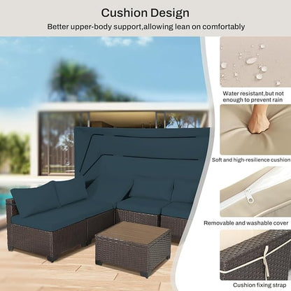 6 PCS Outdoor Patio Furniture Set,Sectional Sofa Set,Rattan Daybed with Retractable Canopy,Adjustable Backrest,Storage Coffee Table,Chaise Chair Sunbed for Garden Poolside Backyard(Sky Blue)