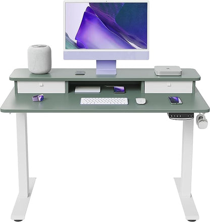 FEZIBO 40 x 24 Inch Height Adjustable Electric Standing Desk with Double Drawer, Stand Up Desk with Storage Shelf, Sit Stand Desk, Green