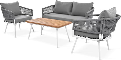 4-Piece Outdoor Patio Furniture Boho Rope Weave Set, Conversation Loveseat Sofa&Chairs with Acacia Wood Table and Thick Cushions, for Garden Backyard Balcony, Onesize, Beige