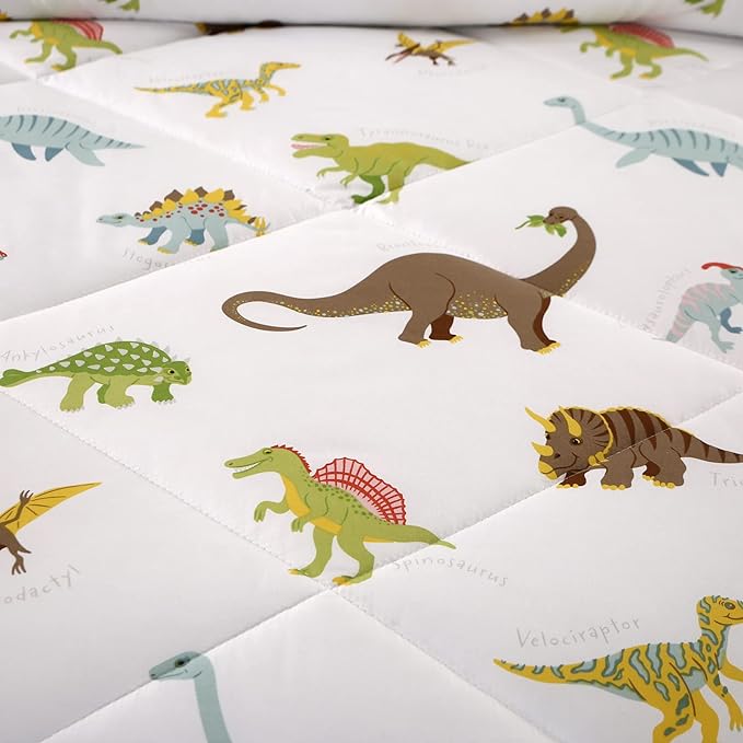MAG 3Pcs Dinosaur Bedding Comforter Set, Dino White Base Full/Queen Comforter Set,for Toddlers Kids,Boys Teens and Girls,Super Soft Microfiber, Full/Queen Size (1 Comforter + 2 Pillowcases)
