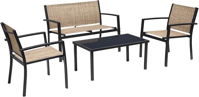 Greesum 4 Pieces Patio Furniture Set Outdoor Conversation Textilene Fabric Chairs for Lawn, Garden, Balcony, Poolside with A Glass Coffee Table, Beige