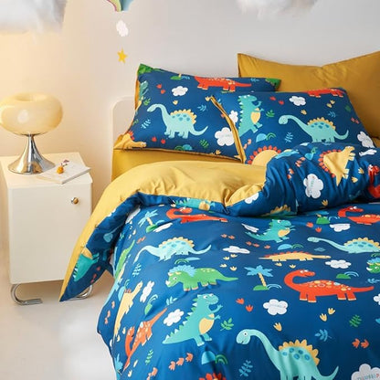 Wake In Cloud - Dinosaur Bedding Set for Boys, Cute Colorful Dinosaur Comforter Set with Sheets, 5 Pieces Kids Bed in a Bag, Navy Blue, Twin Size