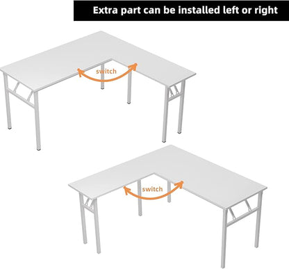 DlandHome L-Shaped Folding Computer Desk 55inches and 55inches Left and Right Adjustable Half-Installed Home Office Workstation Corner Table,White +White