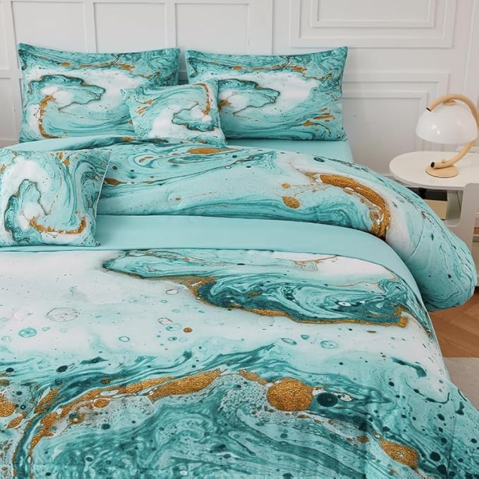 Marble Green Comforter Set Queen,7Pcs Light Green and Gold Comforter,Light Green Tie Dye Bedding Sets Queen Bed in a Bag,Green Marble Comforter Sets,Bedroom Decoration Queen 7Pcs