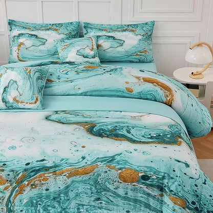 Marble Green Comforter Set Queen,7Pcs Light Green and Gold Comforter,Light Green Tie Dye Bedding Sets Queen Bed in a Bag,Green Marble Comforter Sets,Bedroom Decoration Queen 7Pcs