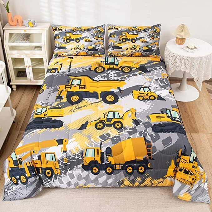Feelyou Boys Construction Bedding Set King Size Comforter for Boys Kids Tractor Comforter Set Toddler Construction Decorations Car Bed for Boys Cartoon Excavator Trucks Quilt Set with 2 Pillow Cases