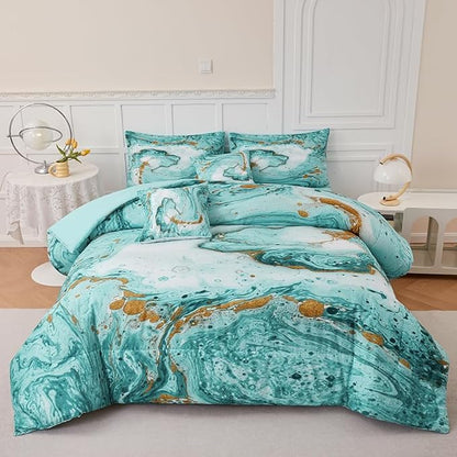 Marble Green Comforter Set Queen,7Pcs Light Green and Gold Comforter,Light Green Tie Dye Bedding Sets Queen Bed in a Bag,Green Marble Comforter Sets,Bedroom Decoration Queen 7Pcs