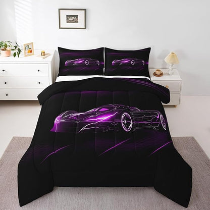 Feelyou Purple Race Car Bedding Set Queen Size for Kids Boys Extreme Sport Games Comforter Set Teens Toddler Fast and Furious Duvet Set Cool Modern Quilt Set 3Pcs