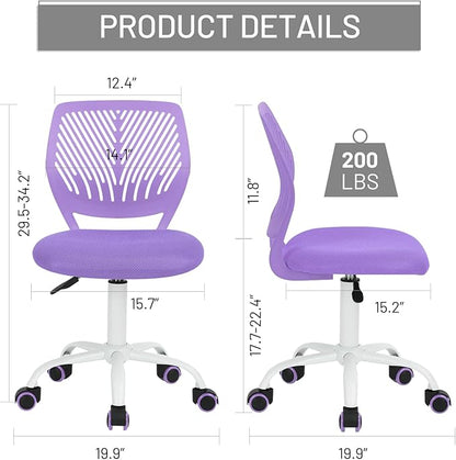 FurnitureR Desk Chair Small Study Chairs Armless for Child Kids Teens, Swivel Rolling Lightweight Mid Back Task Chair with Wheels and Mesh Padded Cushion, Purple