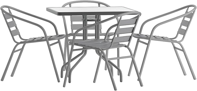 Flash Furniture Lila 31.5'' Square Glass Table with 4 Metal Aluminum Slat Stack Chairs, Silver