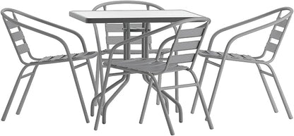 Flash Furniture Lila 31.5'' Square Glass Table with 4 Metal Aluminum Slat Stack Chairs, Silver