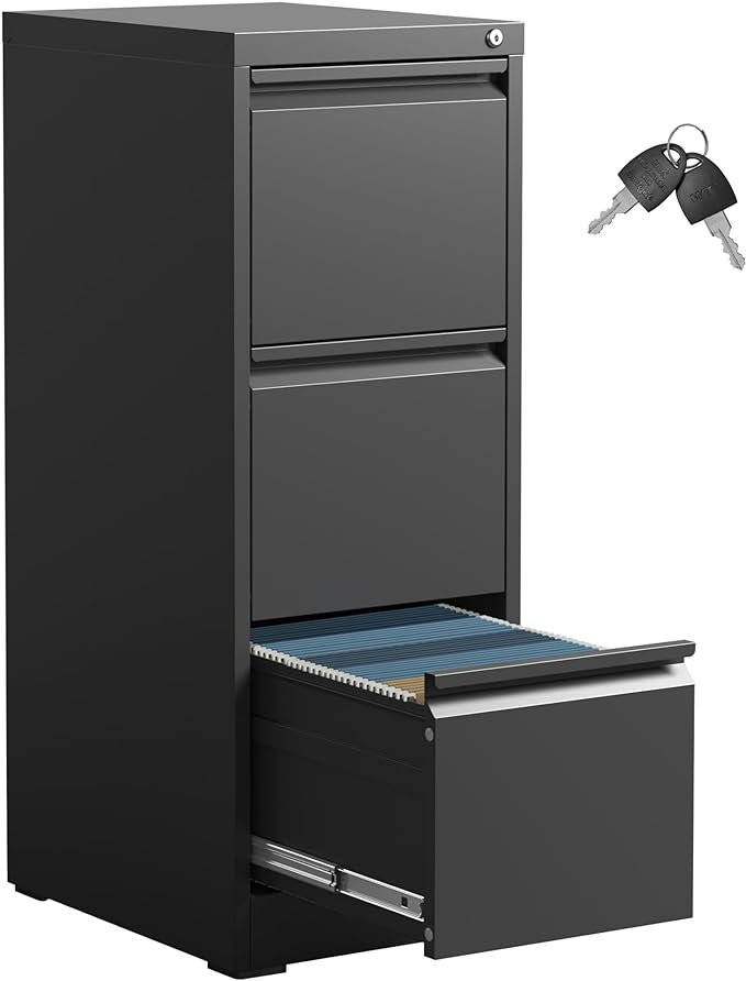 3 Drawer File Cabinet,Metal Filing Cabinets for Home Office, Black Vertical File Cabinet with Lock,Heavy Duty Metal Storage Cabinet for A4/Letter/Legal Size Files,Assembly Required