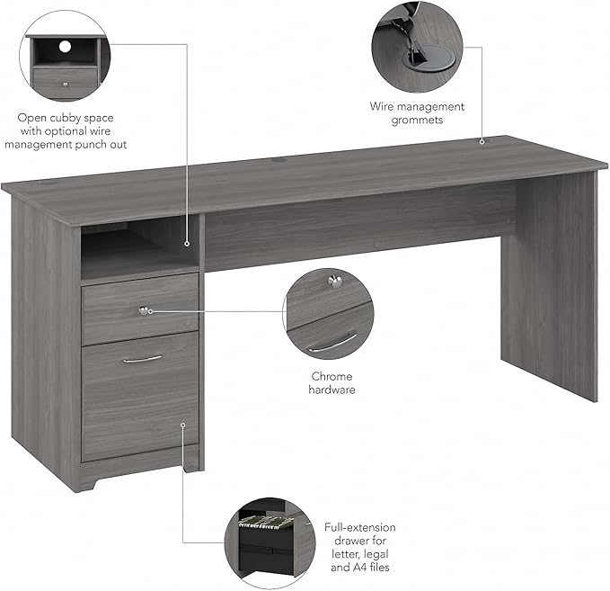 Bush Furniture Cabot Desks for Home Office with Storage and Chrome Hardware | Elegant Computer Table with Drawers, 72W, Modern Gray