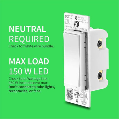 Zooz 800 Series Z-Wave Long Range On/Off Switch ZEN71 800LR, White | Direct 3-Way (No Add-On Switch Needed) | Z-Wave Hub Required