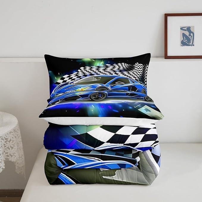 Feelyou Blue Racing Car Comforter Set Queen Size, Fast and Furious Extreme Sport Games Bedding Sets for Kids Boys Teens,Sports Car Bed in A Bag,Cool Modern Duvet Insert with 2 Pillowcases