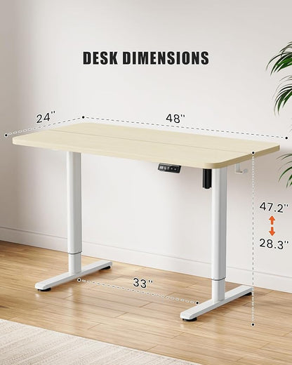 Electric Standing Desk Adjustable Height Stand Up Desk, 48" x 24" Sit Stand Desk, Low Noise Home Office Desk, Computer Desk with Splice Board, Child Lock & Memory Function, Maple