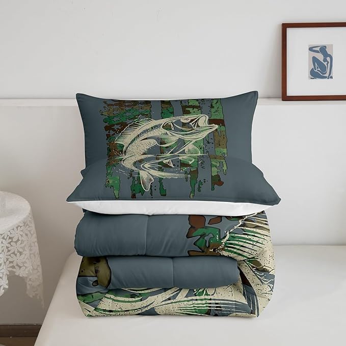 Feelyou Bass Fish Comforter Set Queen Size Green Camouflage Bedding Set for Fishing Lover Gifts Boys Girls Camo Pike Fish Fishing Comforter Wild Fisherman Bed Set Rustic Cabin Bedroom Decor