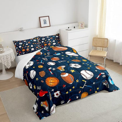 Feelyou Sports Theme Comforter Set 3D Blue Ball Bedding Set Baseball Football Basketball Comforter for Children Kids Boys Girls Microfiber Competitive Games Duvet Set Room Decor Quilt Set Full Size