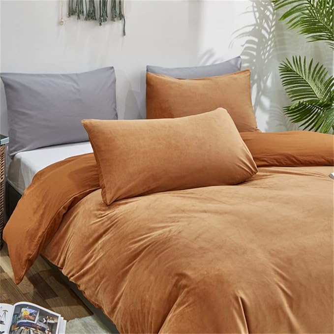 Wellboo Velvet King Size Comforter Set Pumpkin Fluffy Bedding Set for Women Girls Burnt Orange Plush Bedding Comforters Solid Terracotta Flannel Quilt Soft Rust Pumpkin Fuzzy Blanket Sherpa Shaggy Bed