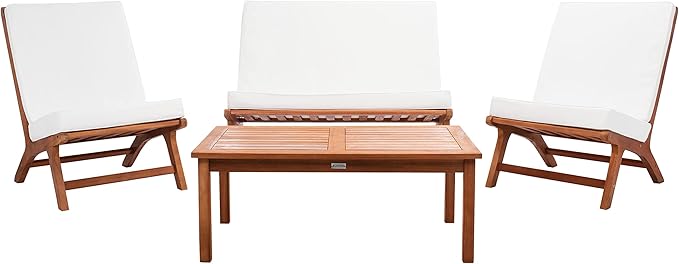 SAFAVIEH Outdoor Collection Chaston Wood Cushion 4-Piece Conversation Patio Set PAT7044F, Natural/Beige