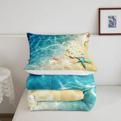 Ocean Comforter Set King Beach Bedding Coastal Nature Theme Pattern Teal Duvet Set Boys Girls Hawaiian Quilt Sets Sea Wave Animals Starfish Reversible Comforter Set 2 Pillowcases, Blue Room Decor