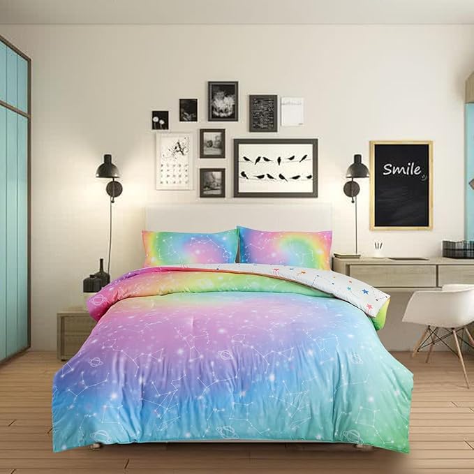 Holawakaka Tie Dye Constellation Print Rainbow Ombre Comforter Set Full Size Girls Boys Gradient Galaxy Bedding Sets Teens Boho Bed Set(Multi,Full)