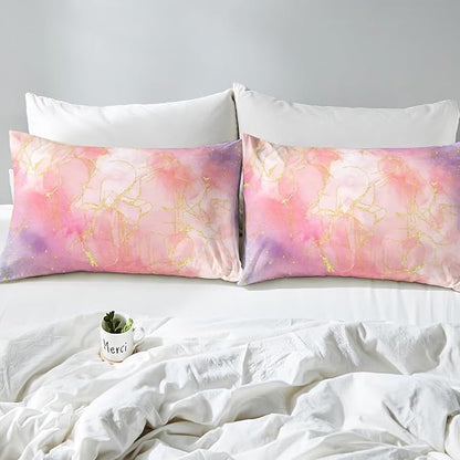 Golden Marble Bedding King Size, Tie Dye Gradient Bedding Comforter Sets for Boys Girls Women, Marbling Ink Painting Comforter Set Pink Purple Glitter Pastel Girls Room Decor with 2 Pillowcases