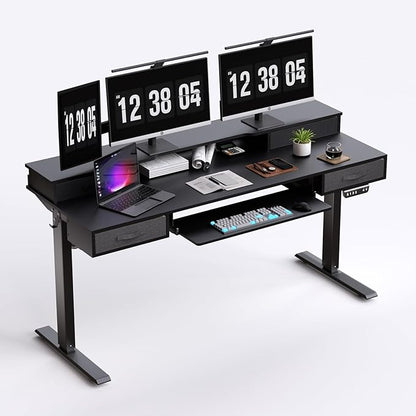 Electric Standing Desk, Multifunctional Standing Desk Adjustable Height, 63 * 24 Standing Desk with 4 Drawers, Ergonomic Adjustable Standing Desk with Keyboard Tray, Classic Black
