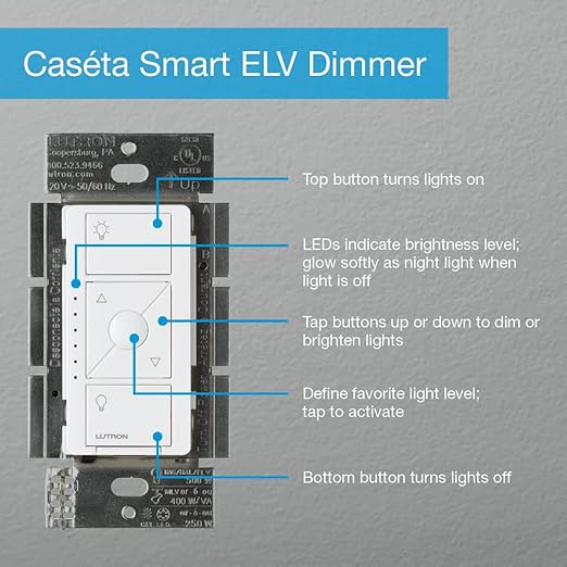 Lutron Caseta Original Smart Dimmer Switch ELV+ (Lutron Hub Required), 250W LED, Single-Pole/3-Way, Neutral Required, PD-5NE-IV, Ivory