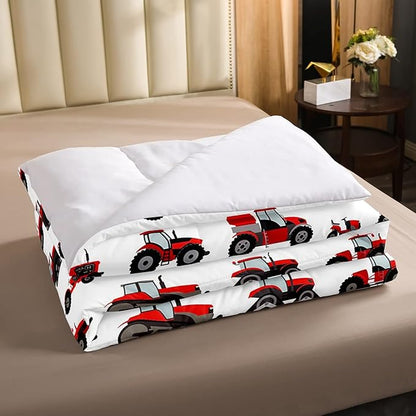 Erosebridal Red Tractor Comforter Set Queen Size Heavy Equipment Truck Down Comforter Kids Boys Girls Teens Harvester Tractor Bedding Set Construction Excavator Farm Equipment Quilt Set