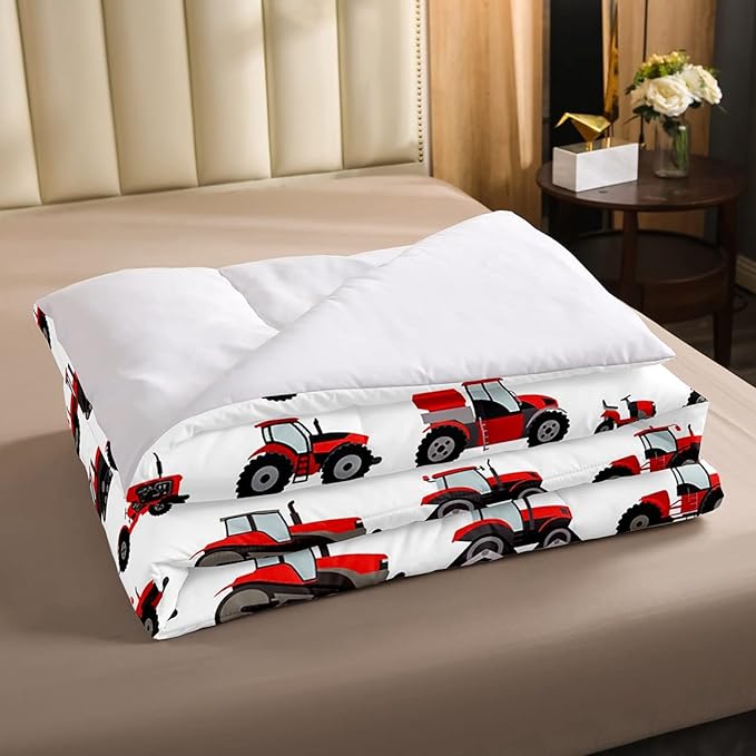 Erosebridal Red Tractor Comforter Set Full Size Heavy Equipment Truck Down Comforter Kids Boys Girls Teens Harvester Tractor Bedding Set Construction Excavator Farm Equipment Quilt Set