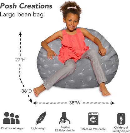 Posh Creations Bean Bag Chair for Kids, Teens, and Adults Includes Removable and Machine Washable Cover, Canvas White Dandelions on Gray, 38in - Large
